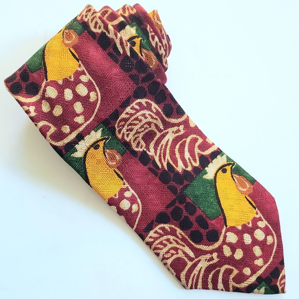 Ermenegildo Zegna Red Country Chicken Rooster Mens Silk Neck Tie
